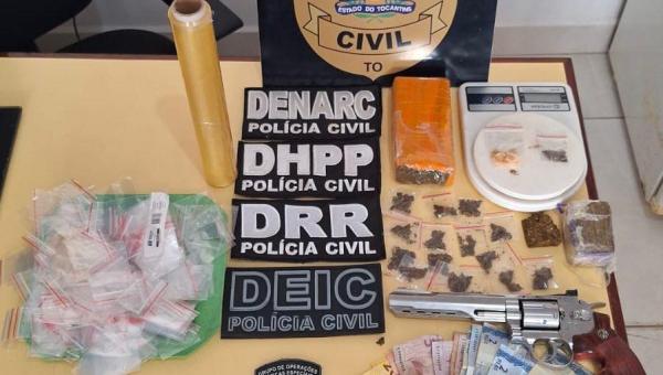 Em Araguaína, Divisão Antidrogas da Polícia Civil prende traficante e apreende drogas, dinheiro e simulacro de arma de fogo 