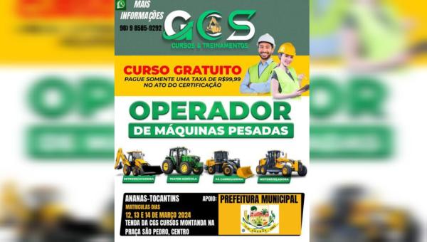 Cursos Gratuitos de Operador de Máquinas Pesadas são ofertados em Ananás