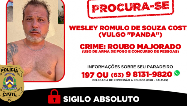 Polícia Civil deflagra Operação Gold e busca suspeito de roubo com arma de fogo foragido em Palmas