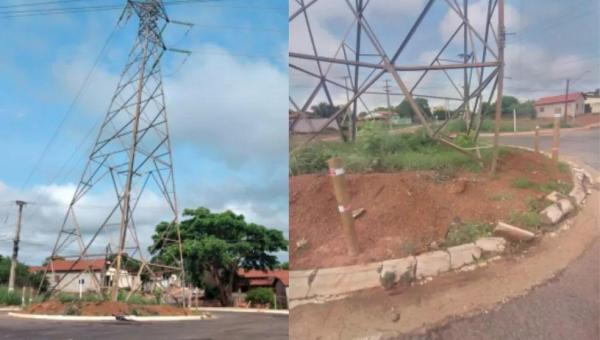 Torre de alta tensão da Energisa está escorada com postes e MPE diz que há risco de cair sobre casas