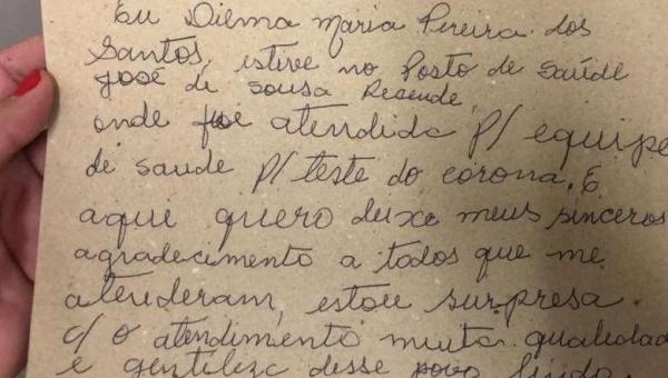 Paciente deixa bilhete de agradecimento por carinho da equipe de saúde