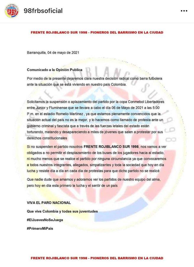 Torcida do Junior Barranquilla exige suspensão ou adiamento de jogo contra Fluminense e faz ameaças