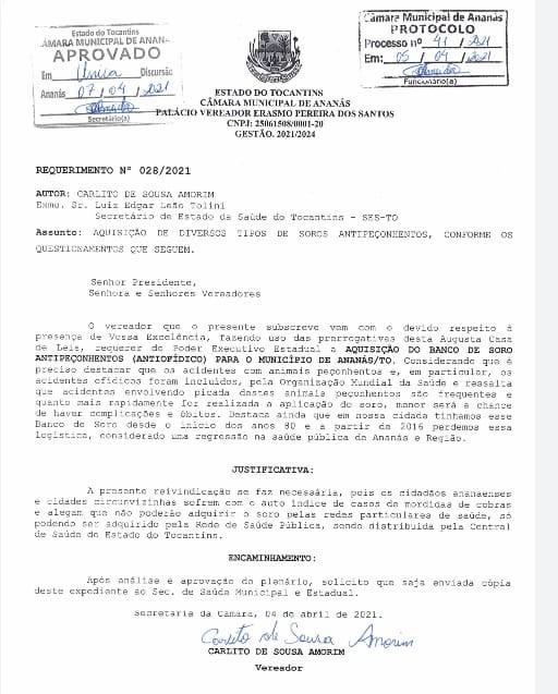Câmara Municipal aprova por unanimidade Requerimento que solicita Banco de Soro Antiofídico para Ananás