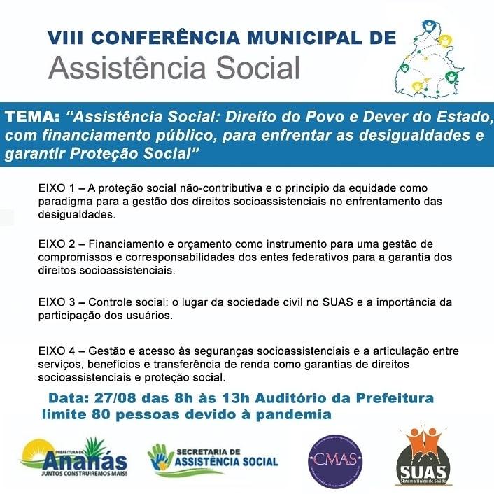 Prefeitura de Ananás  convida comunidade para participar da VIII Conferência Municipal de Assistência Social de Ananás
