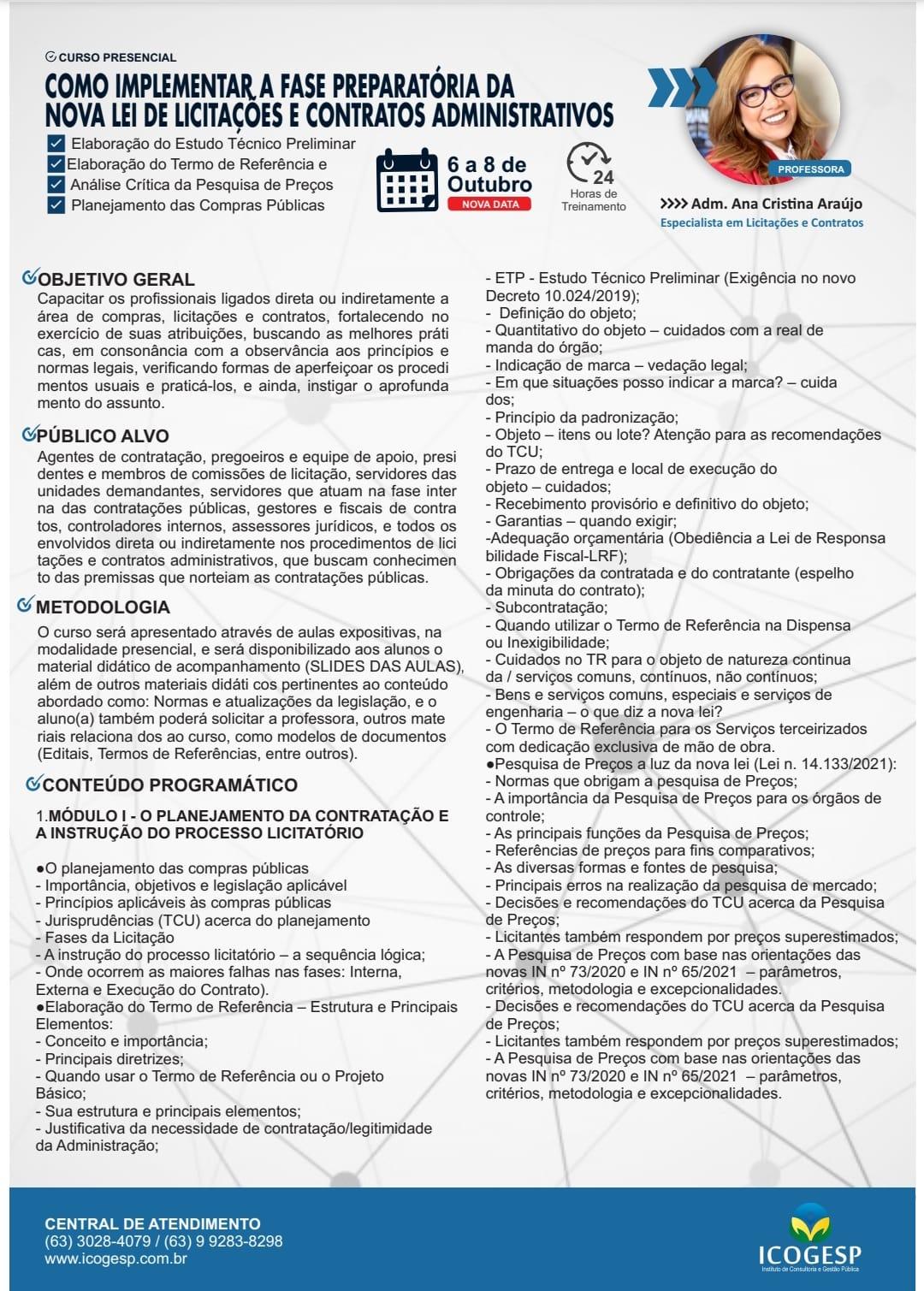CURSO: Como implementar a fase preparatória da Nova Lei de Licitações e contratos administrativos