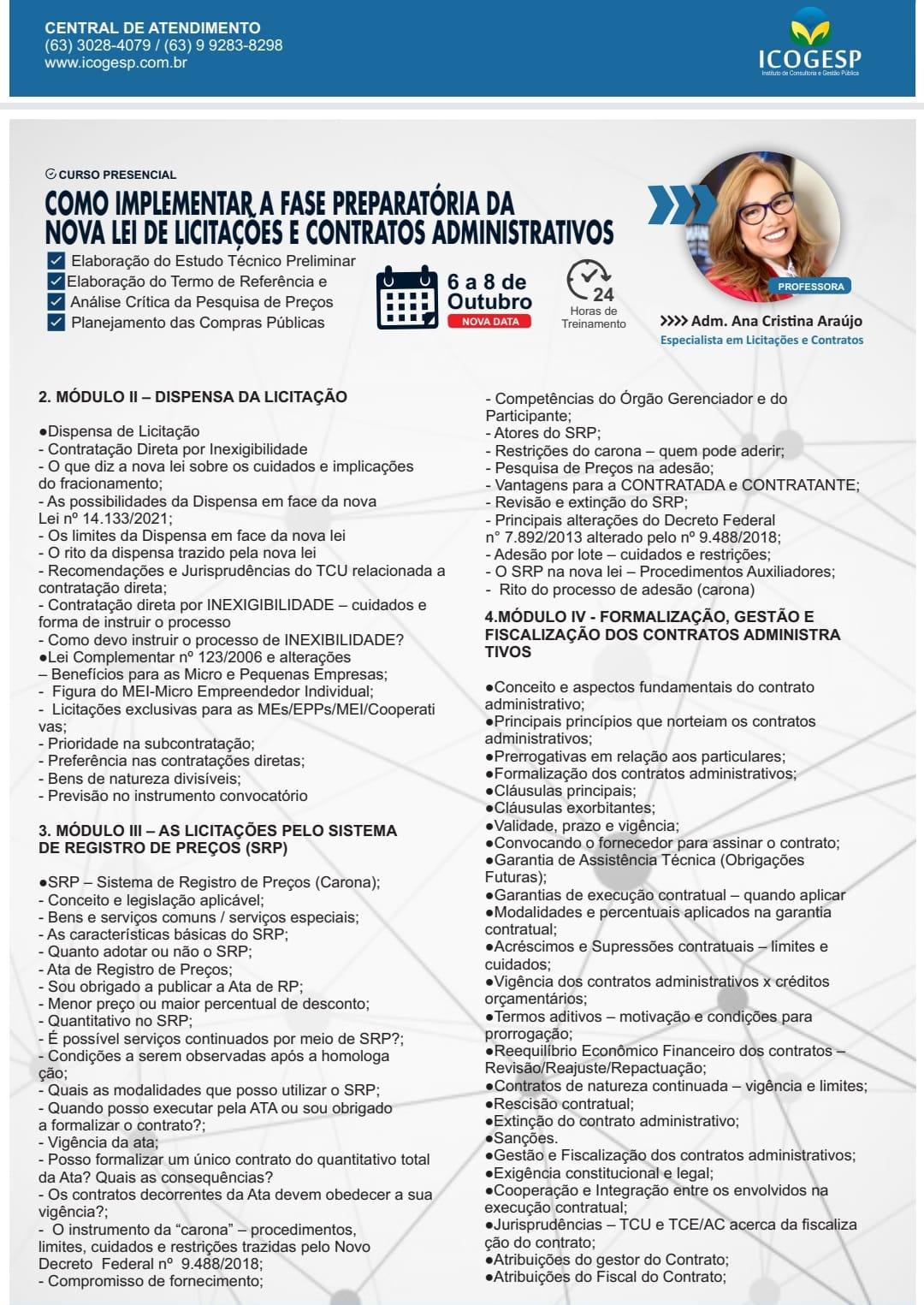 CURSO: Como implementar a fase preparatória da Nova Lei de Licitações e contratos administrativos