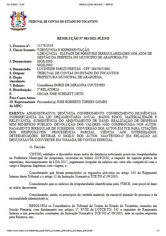 Tribunal de Contas do Estado do Tocantins determina que Ex-prefeita Professora Lú e marido devolvam dinheiro à Prefeitura de Arapoema.