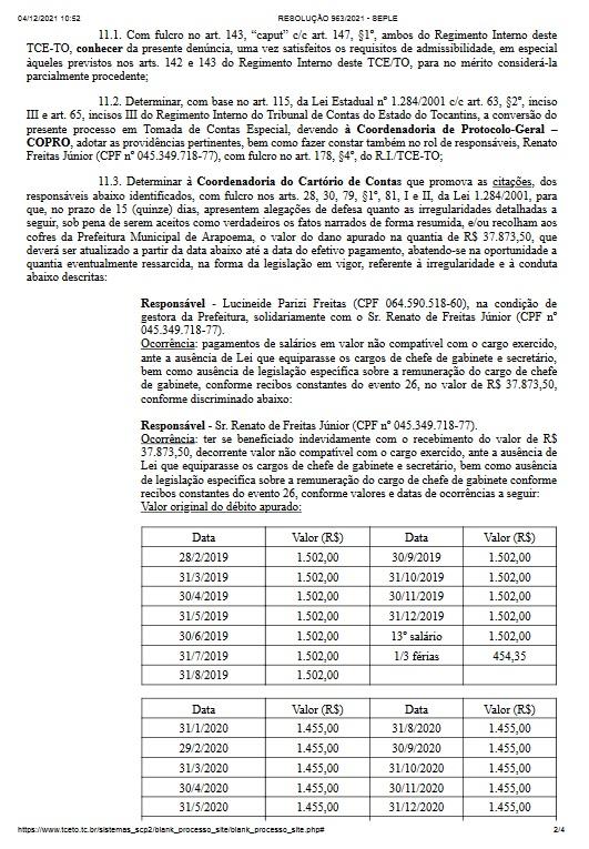 Tribunal de Contas do Estado do Tocantins determina que Ex-prefeita Professora Lú e marido devolvam dinheiro à Prefeitura de Arapoema.