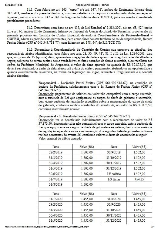 Tribunal de Contas do Estado do Tocantins determina que Ex-prefeita Professora Lú e marido devolvam dinheiro à Prefeitura de Arapoema.