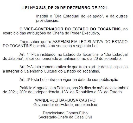 Proposta de Valderez, Governo institui Dia Estadual do Jalapão no dia 20 de setembro