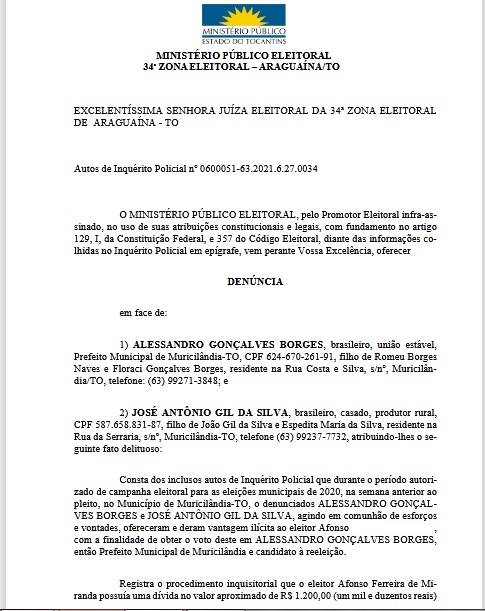 Prefeito Alessandro Borges é denunciado pelo Ministério Público por compra de votos em Muricilândia