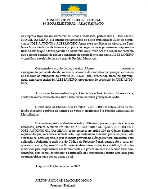 Prefeito Alessandro Borges é denunciado pelo Ministério Público por compra de votos em Muricilândia