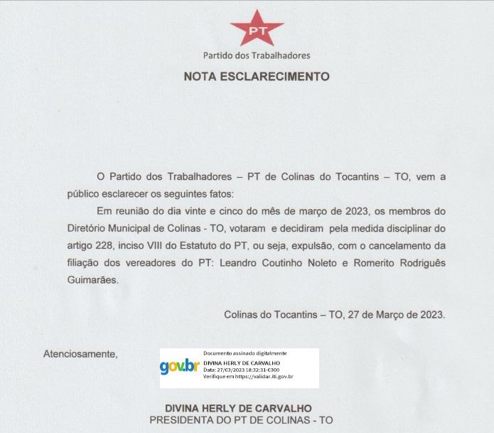 Vereadores Leandro Coutinho e Romerito Guimarães são expulsos do PT em Colinas do Tocantins