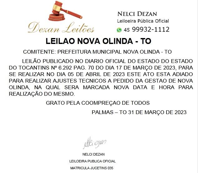 
Leilão Público que seria realizado em Nova Olinda é adiado

