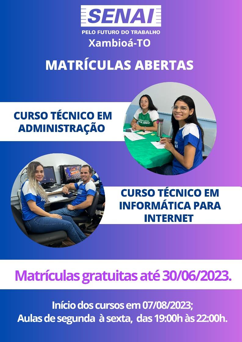 O Senai está com as matrículas abertas até o dia 30 de junho para novos cursos em Xambioá