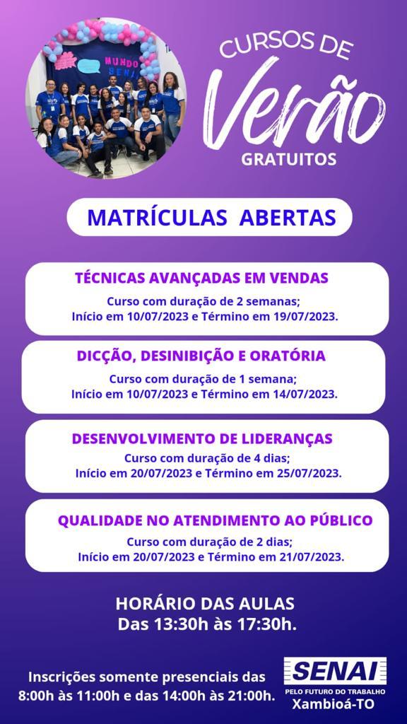 Cursos gratuitos de verão, ofertados pelo Senai, estão com as matrículas abertas em Xambioá