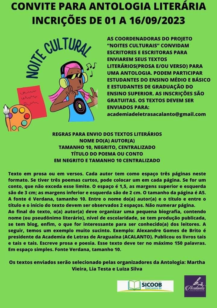 Projeto Noites Culturais lança convite para Antologia Literária em Araguaína Projeto Noites Culturais lança convite para Antologia Literária em Araguaína