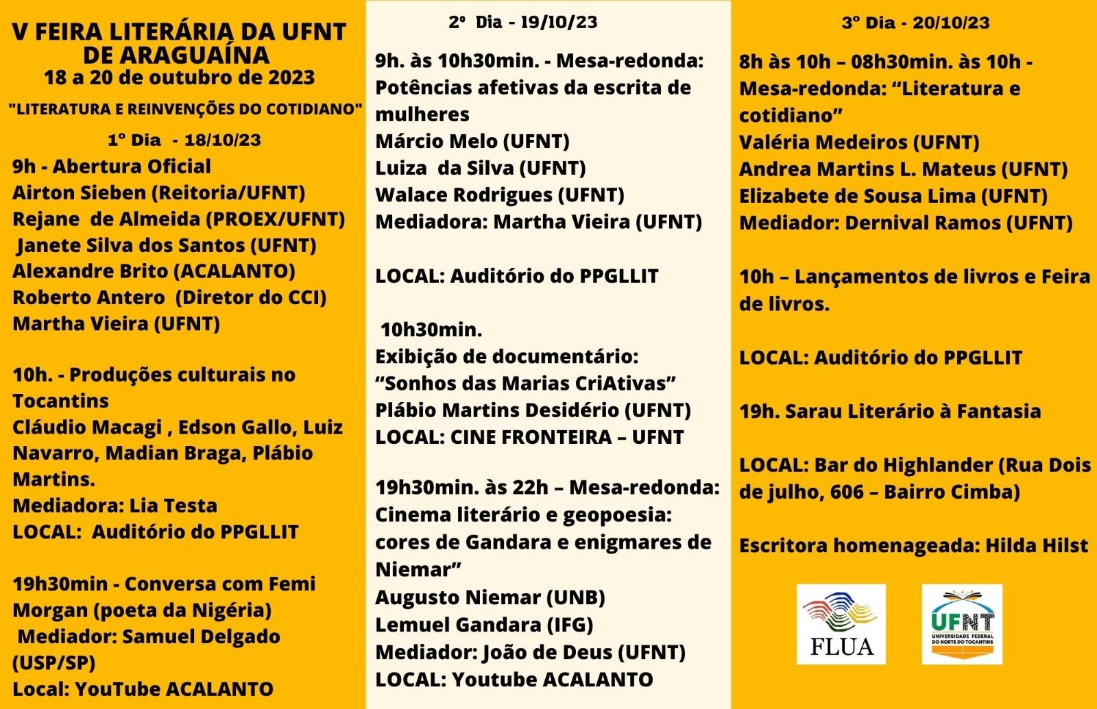 V Feira Literária de Araguaína será realizada nos dias 18, 19 e 20 de outubro na Universidade Federal do Norte do Tocantins 