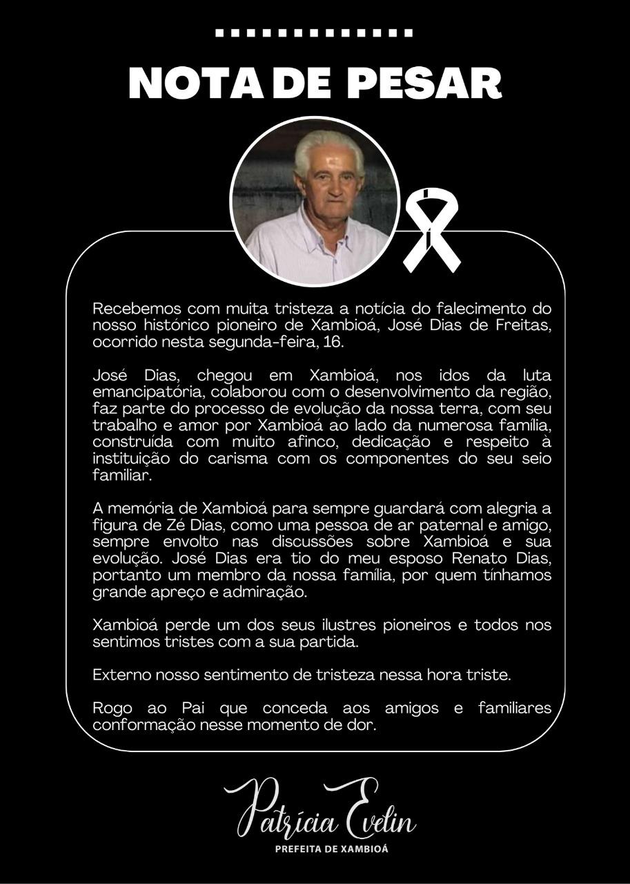 Falece o pioneiro de Xambioá José Dias de Freitas 