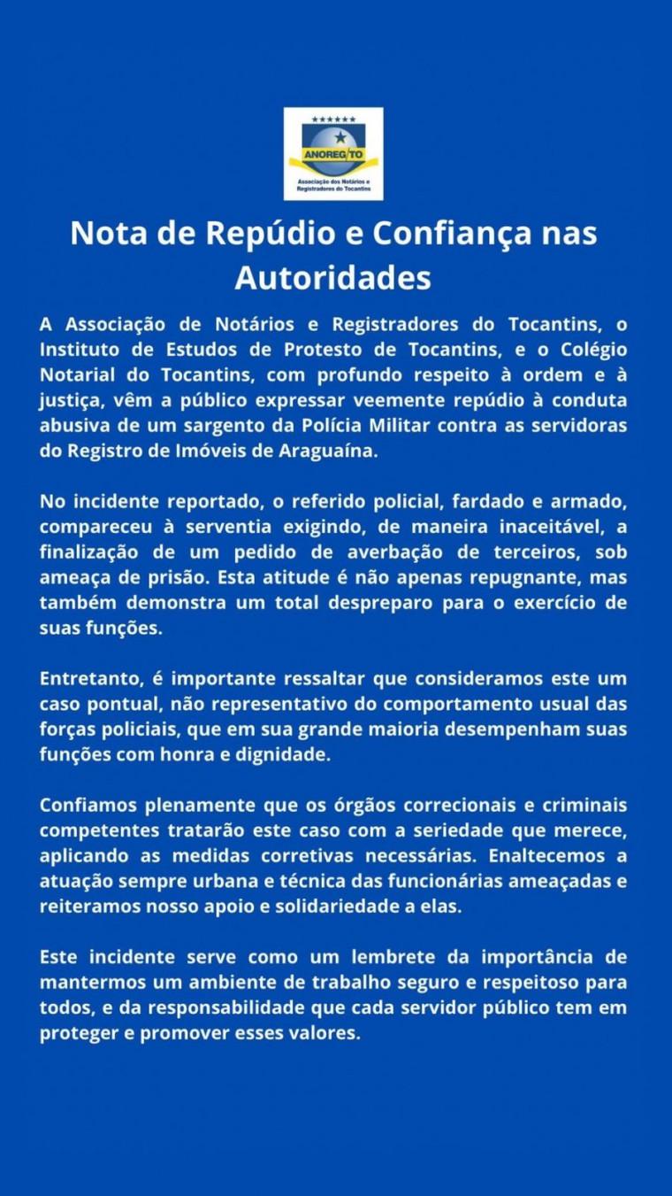 Militar é acusado de coagir e ameaçar servidoras do Cartório de Imóveis de Araguaína, diz nota