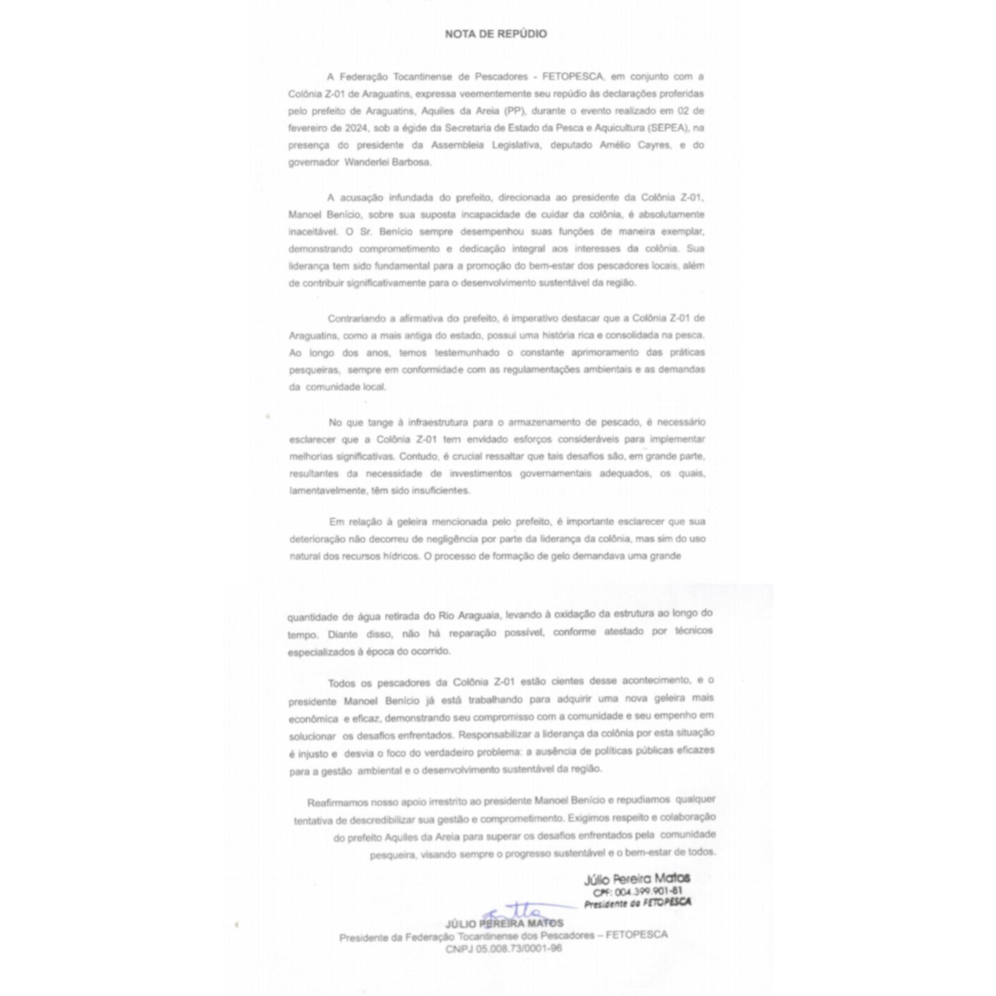 Fetopesca emite nota de repúdio contra as acusações de Aquiles da Areia