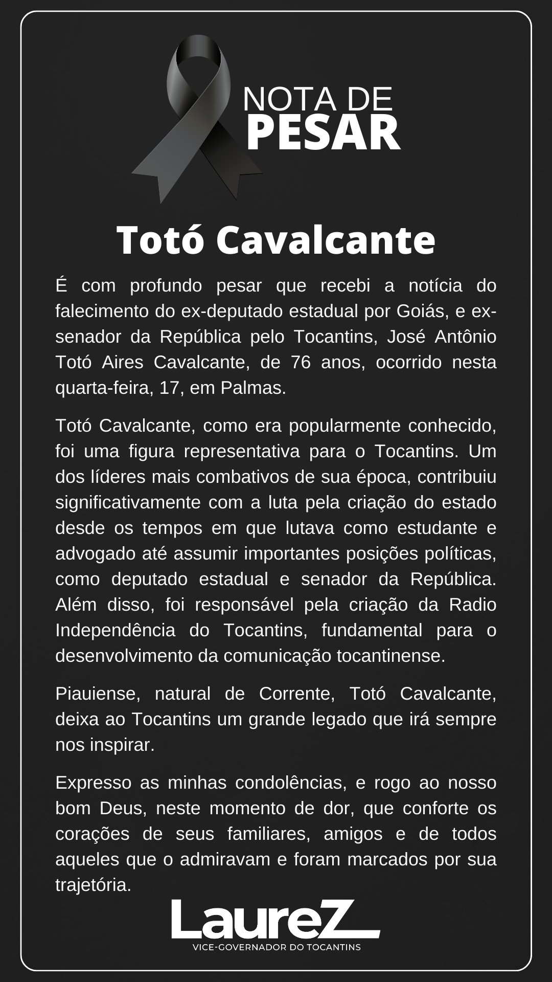 Autoridades lamentam o falecimento do ex-deputado e ex-senador Totó Cavalcante 
