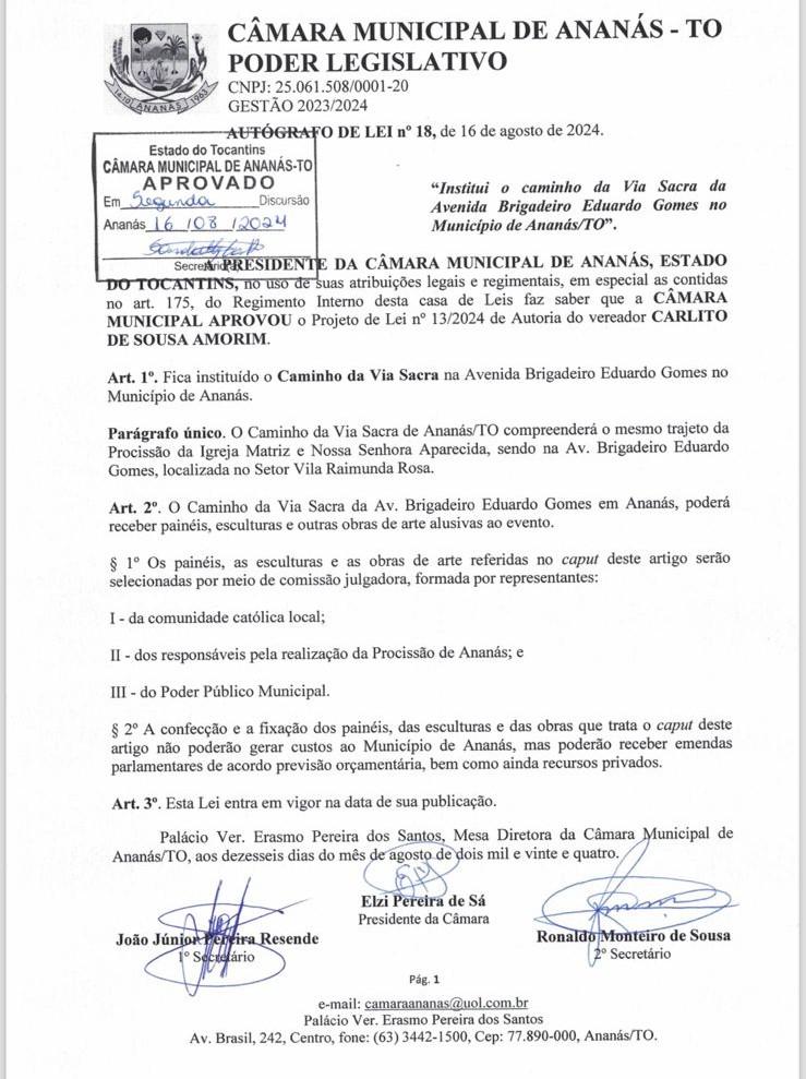 Câmara de Vereadores aprova Projeto de Lei nº 13/2024  que institui o Caminho da Via Sacra em Ananás 


