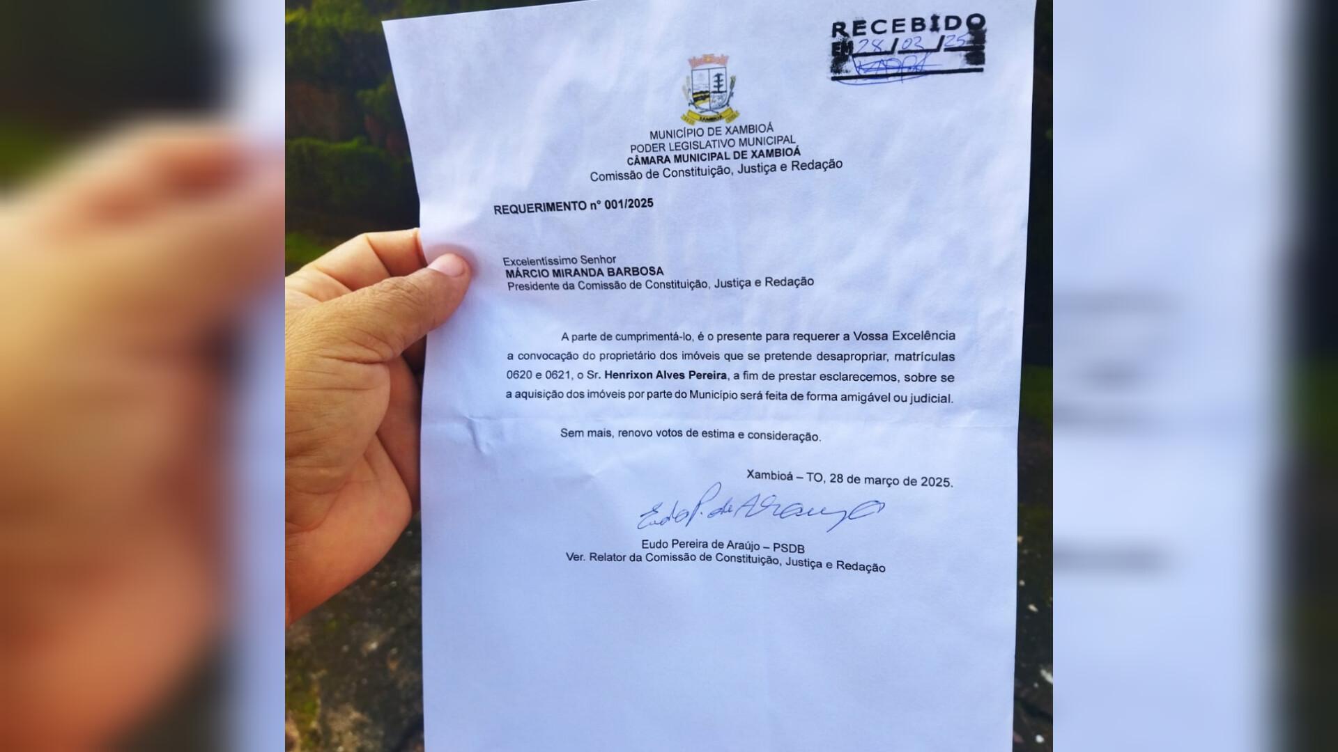 Vereador Eudo solicita que proprietário de imóvel seja convocado pela Câmara Municipal para esclarecer aquisição de terreno pela Prefeitura de Xambioá 